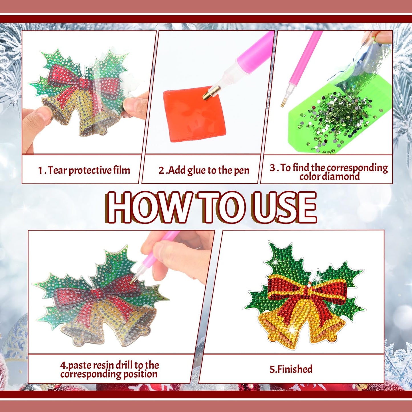 Equsion 14 Pcs Christmas Diamond Art Ornaments Christmas Diamond Painting Keychains Kits Double Sided Hanging Art Key Ring Painting Ornaments 5d DIY Craft Gifts Family Home Decor Rhinestone Pendant