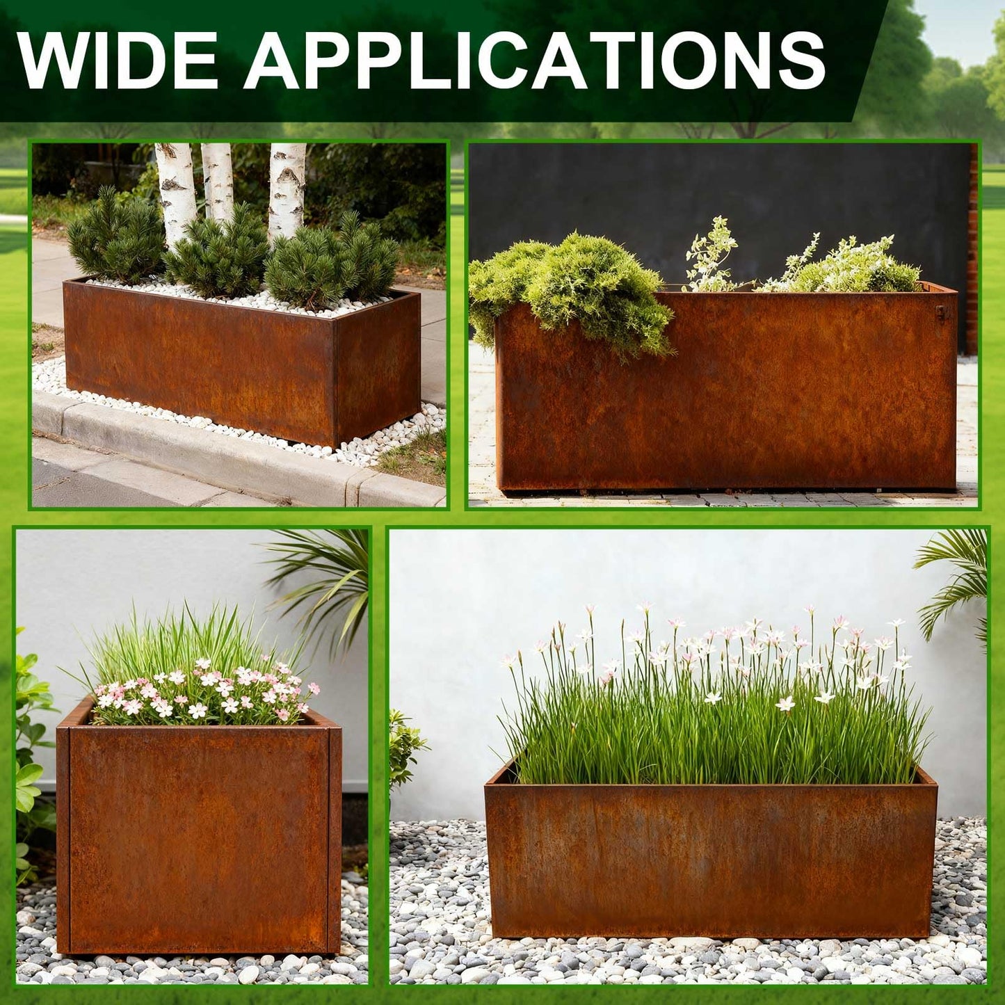RimCereal Extra Large Steel Trough Planter Box for Outdoor 20" x 46" x 20" Heavy-Duty Raised Garden Bed for Tall Plants Privacy Screening & Modern Landscape Design Commercial
