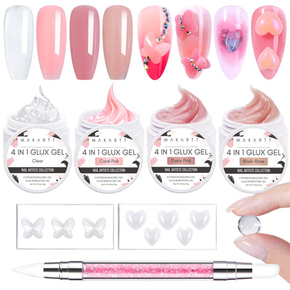 Makartt Clear Gel Builder Kit: Self-Levelling, Long Lasting Extension Hard Gels for Strengthener, Broken Nails Repair Gel Kit with Paper Forms, Dual forms, Nail File and Dual-End Brush 1.06 oz