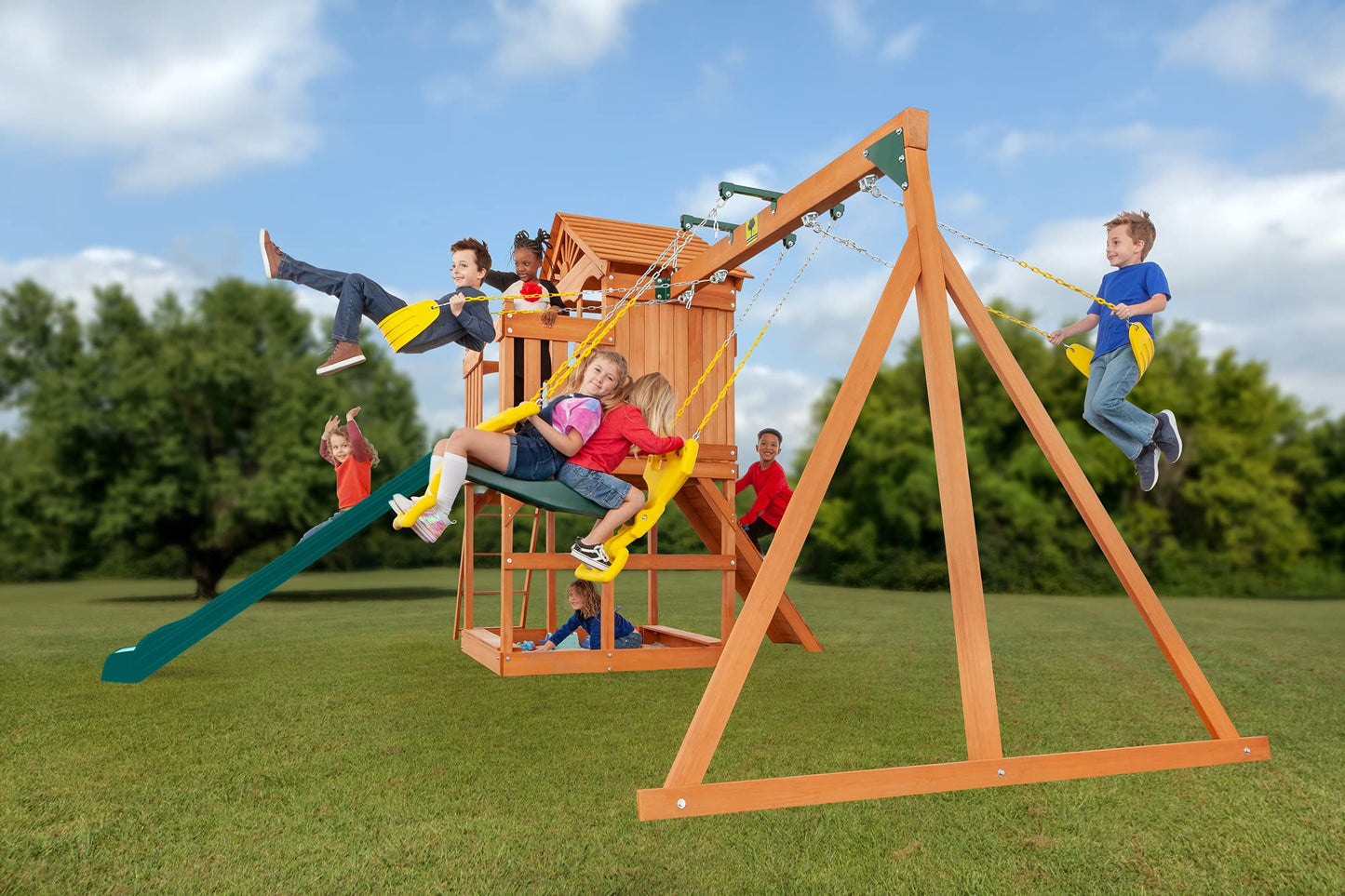 Timber Valley Cedar Backyard Playset | Multi | W:15'9" D:11'10" H:9'3" | 2-Person Glider, 2 Belt Swings & Green Slide | Kids Age 3-12 | DIY Outdoor Swingset | ASTM Standards | 10-Year Wood Warranty