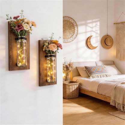 Heiple 2 Pack Wood Glass Wall Sconces, Farmhouse Planters for Indoor Plants, Rustic Decor for Living Room, Hanging Vase (Brown)