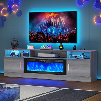 MXV 70" Fireplace TV Stand with Power Outlet for TVs UP to 80", Electric Fireplace Entertainment Center with LED Lights & Storage Cabinets, TV Console for Living Room, Office, Grey-Black