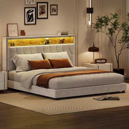 Garvee King Bed Frame with LED Light and Charging Station, Upholstered Bed Frame with Button Headboard, Wood Slat, No Box Spring Needed, Easy Assembly