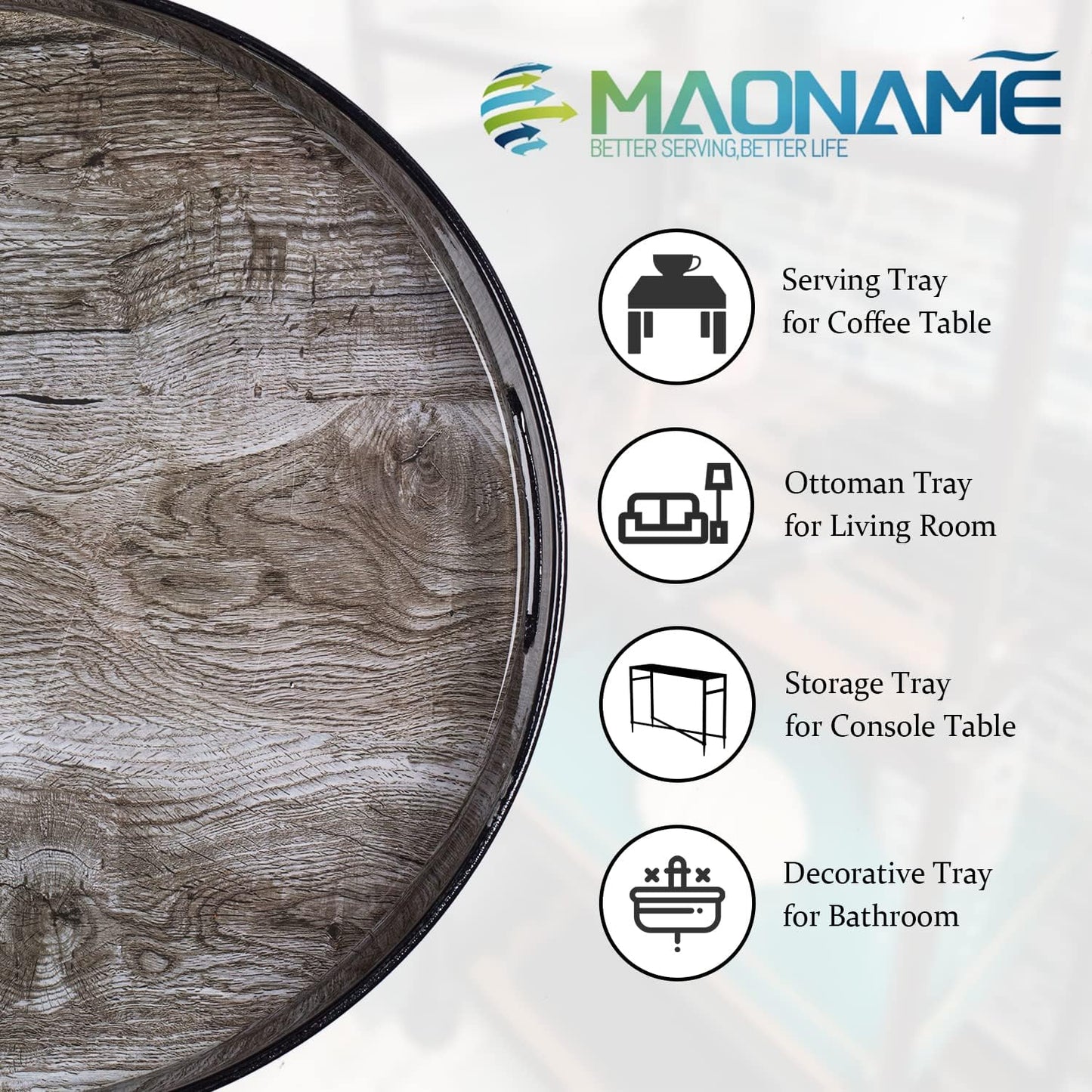 13" MAONAME Round Decorative Tray, Plastic Tray with Handles, Coffee Table Trays, Serving Trays for Ottoman, Bathroom