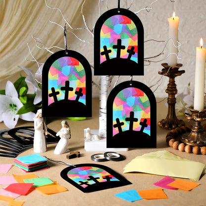 Marsui 36 Sets Easter Crafts Kit for Adults Christian Cross Suncatcher Easter Religious Church Cross Tissue Paper Craft DIY Suncatchers Hanging Ornaments for Home Window Party Supplies