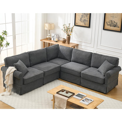 KEIKI 94" L-Shaped Oversized Modular Linen Sectional Sofa with Rolled Arms, Cushion Back, Modern Style Convertible 5-Seater Corner Couch, Easy Assembly, for Apartment, Living Room, Bedroom, Dark Gray