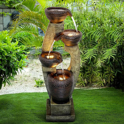 Naturefalls 40" Tall Outdoor Water Fountain and Waterfalls - Large Garden Fountain with LED Lights, 4-Tier Crocks, Indoor and Outdoor Fountains for Garden, Patio, Deck, Porch, Backyard and Home, Gray