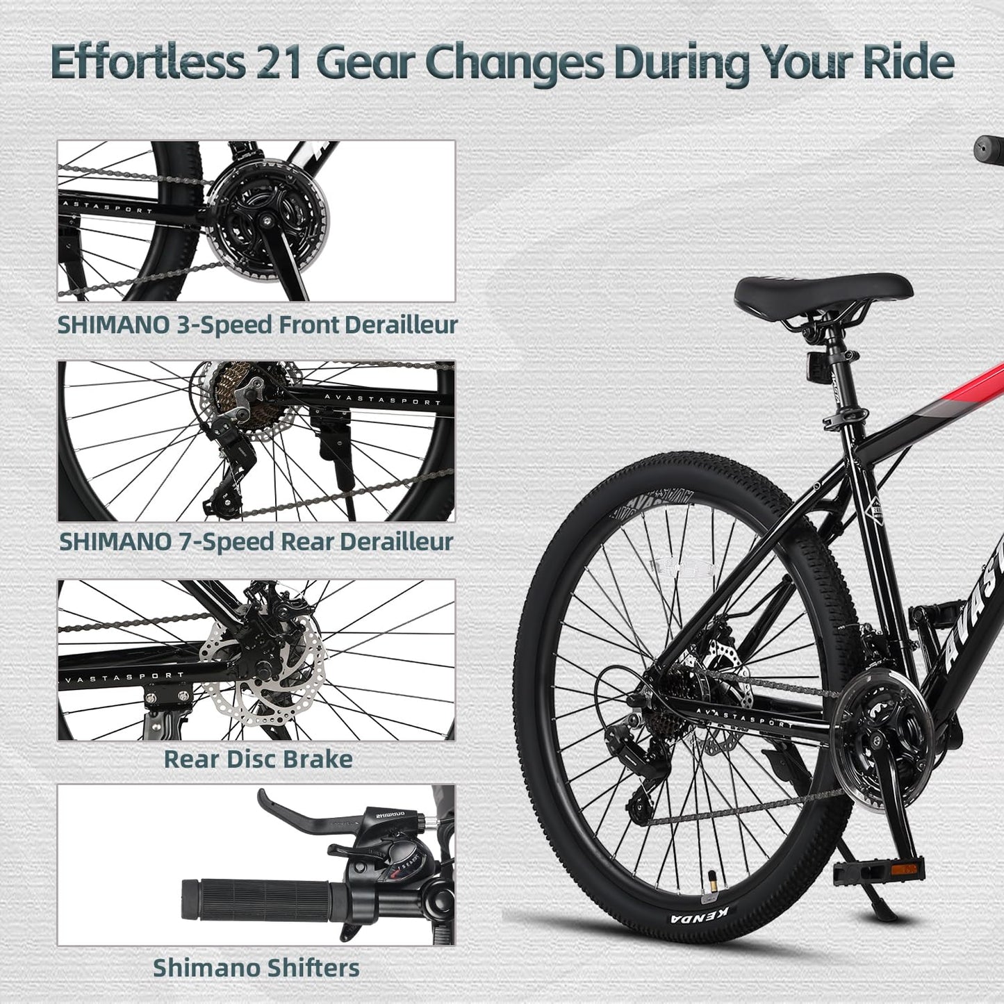 AVASTA 26-inch Mountain Bike for Man Male and Woman Female Adult with Lightweight Aluminum Alloy Frame and Dual Disc Brakes,Front Suspension,21-Speed Shimano Gear Shifters,Hidden Brake Cables,Red
