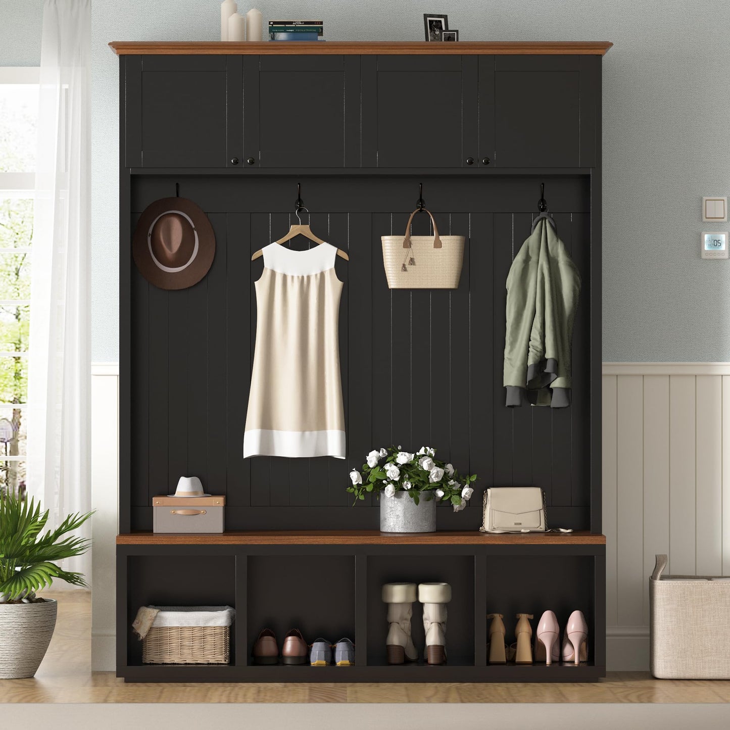 Merax Wood Rustic 59''W Hall Tree Entryway Bench with 4 Hooks and Cabinets, Farmhouse Mudroom Versatile Coat Racks with Shoe Storage Bench, Entrance Organizer for Hallway, Living Room Black