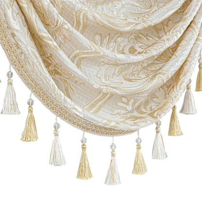 Loom and Mill European Elegant Waterfall Valance for Living Room, Luxury Jacquard Frame Swag Valances with Tassels, Beige Gold Floral Swag Curtains for Bedroom Window Holiday Decor(W59 Inch,1 Panel)