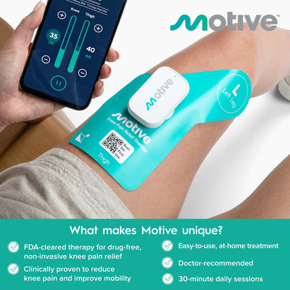 Motive Knee FDA Cleared NMES Knee Pain Relief Device for Quadriceps Strengthening, App-Controlled Knee Therapy Machine for At-Home Motive Knee Pain Therapy