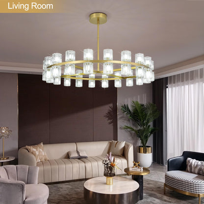 Leadtek 31.5 Inch Gold Wagon Wheel Chandelier, Modern Farmhouse Chandelier with K9 Crystal Chandelier Shade, for Dining Room Light Fixture, Kitchen Island, Entryway, Foyer