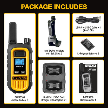 DEWALT DXFRS300 FRS Walkie Talkies, Long Range 2 Way Radio, 1W, IP67 Waterproof, Rechargeable, 2 Pack, DXFRS300
