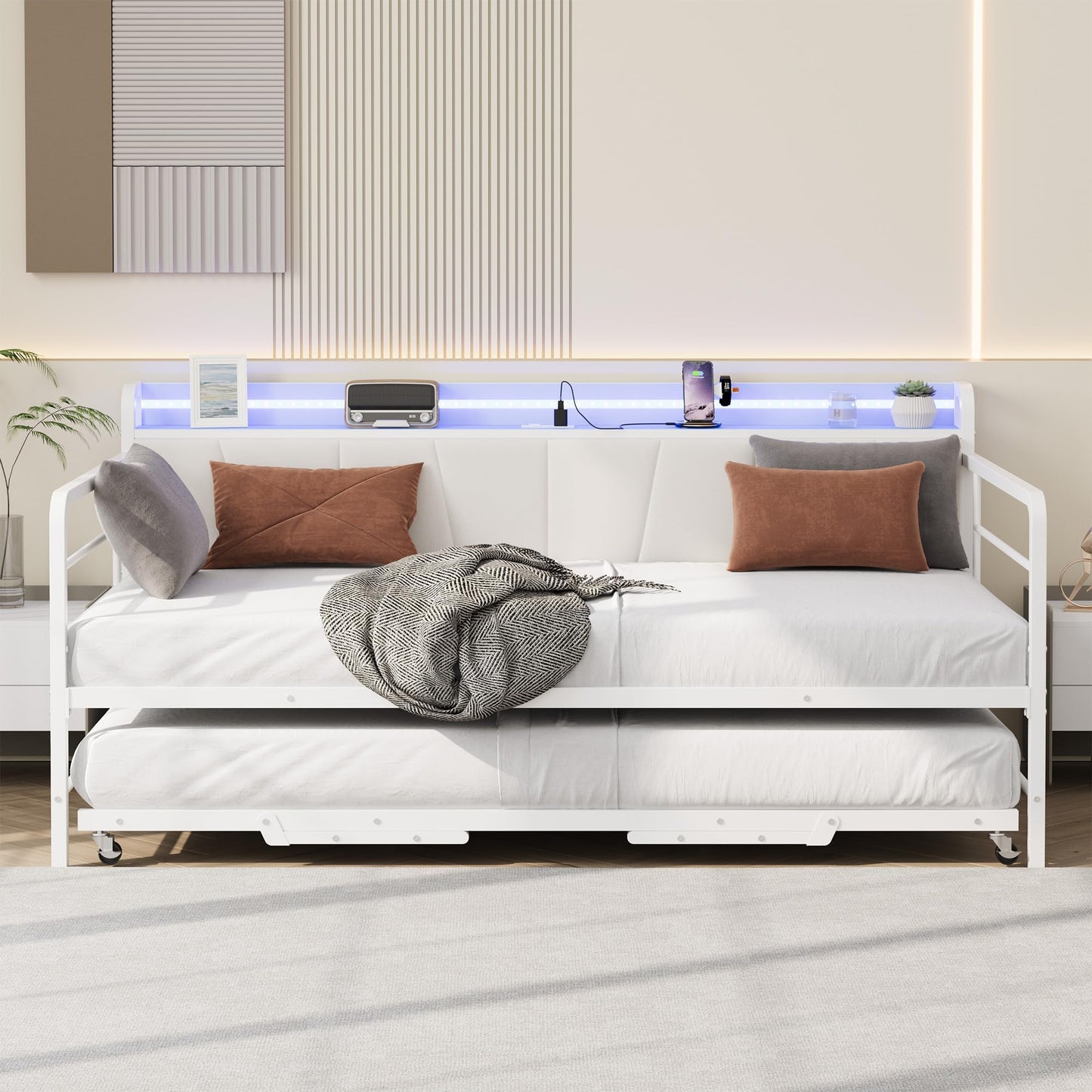 Garvee Twin Daybed with Trundle, Charging Station and LED Light, Linen Upholstered Storage Headboard, Heavy Duty Metal Bed Frame with Pop Up Trundle Bed for Living Room, Bedroom, and Guest Room, White