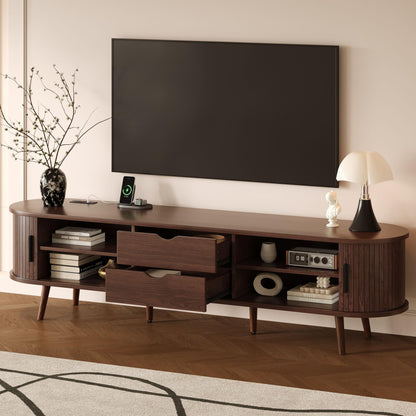 Merax 78'' Modern TV Stand for TVs up to 85 Inches, Entertainment Center with Fluted Glass Drawers & Cable Management, Solid Wood Legs, TV Console for Living Room, Walnut