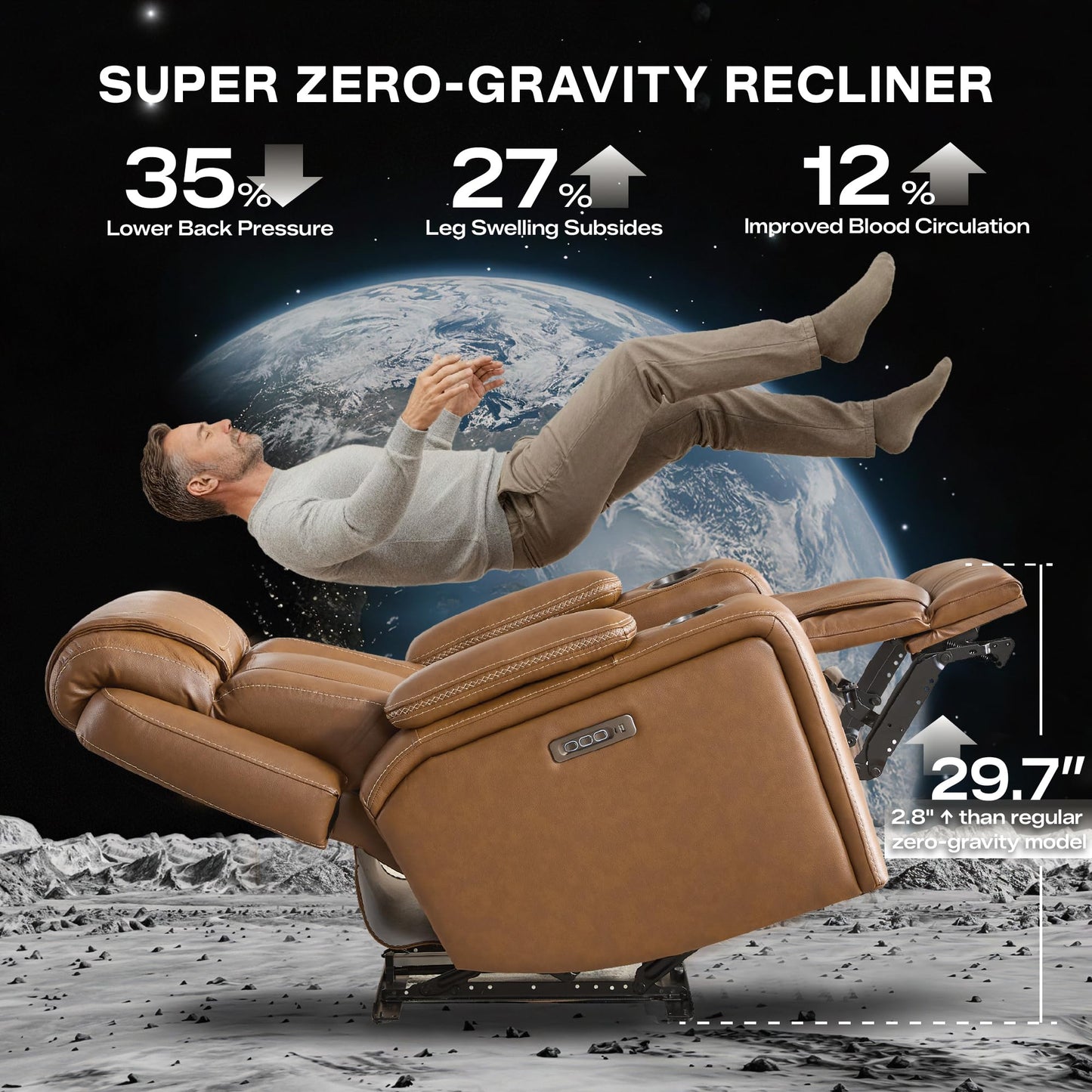 Watson & Whitely Genuine Leather Electric Recliner Chairs, Super Zero Gravity Recliner Triple-Motor W Adjustable Lumbar Headrest Support & Hidden Storage, Saddle Brown