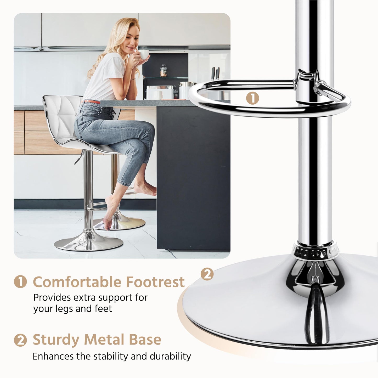 Yaheetech Bar Stools Leather Set of 4, Adjustable Shell Back Barstools with Footrest, Counter Height Bar Chairs with Back for Kitchen Island, White