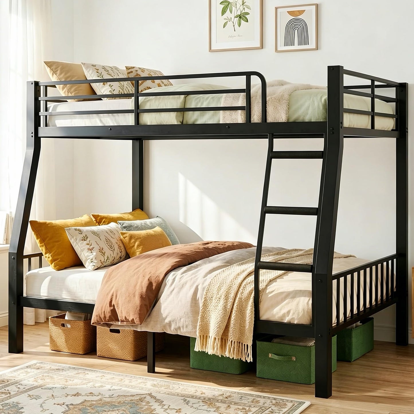 Mixcous Full XL Over Queen Bunk Bed for Adults, Heavy Duty Metal Queen Bunk Bed Frame with Reinforced Steel Slats, Full-Length Guardrails & Anti-Slip Ladder, Noise-Free, No Box Spring Needed, Black