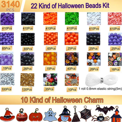 3140Pcs Halloween Beads for Bracelet Jewelry Making Kit, Halloween Clay Beads Black White Orange Purple Pumpkin Round Letter Star Skull Bead Bulk with Ghost Witch Hat Charm for DIY Craft Earring