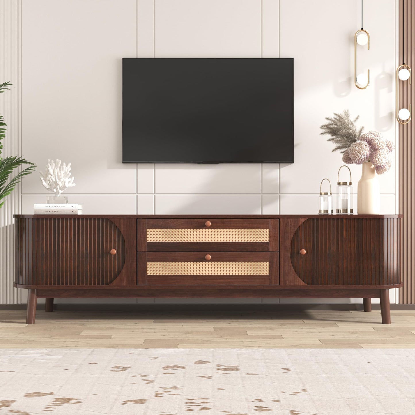 Merax Rattan TV Stand for TVs up to 75", Modern Farmhouse Media Console with Multi-Functional Storage, Boho Entertainment Center with Solid Wood Legs, Television Cabinet for Living Room, Natural+Brown