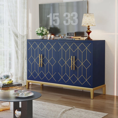 HLR 48" Accent Cabinet with 4 Doors and Shelves, Modern Credenza Storage Cabinet with Gold Trim, Sideboard Buffet for Living Room, Kitchen, Dining Room, Hallway, Blue