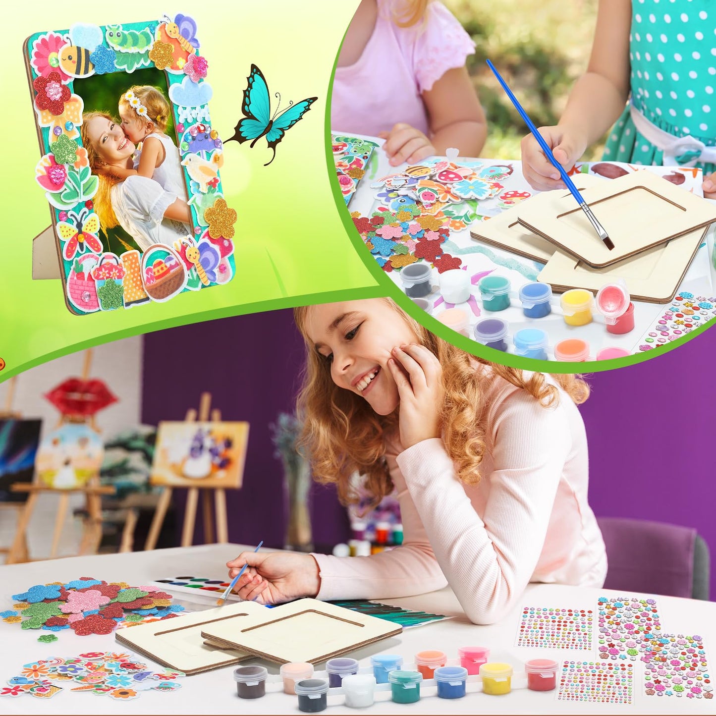 Gerrii 12 Pack Spring Picture Frame Painting Craft Kit Unfinished Wooden Photo Frame for 3 x 5 in Photos with Stickers Painting Tools Set for Graduation Birthday Home DIY Craft