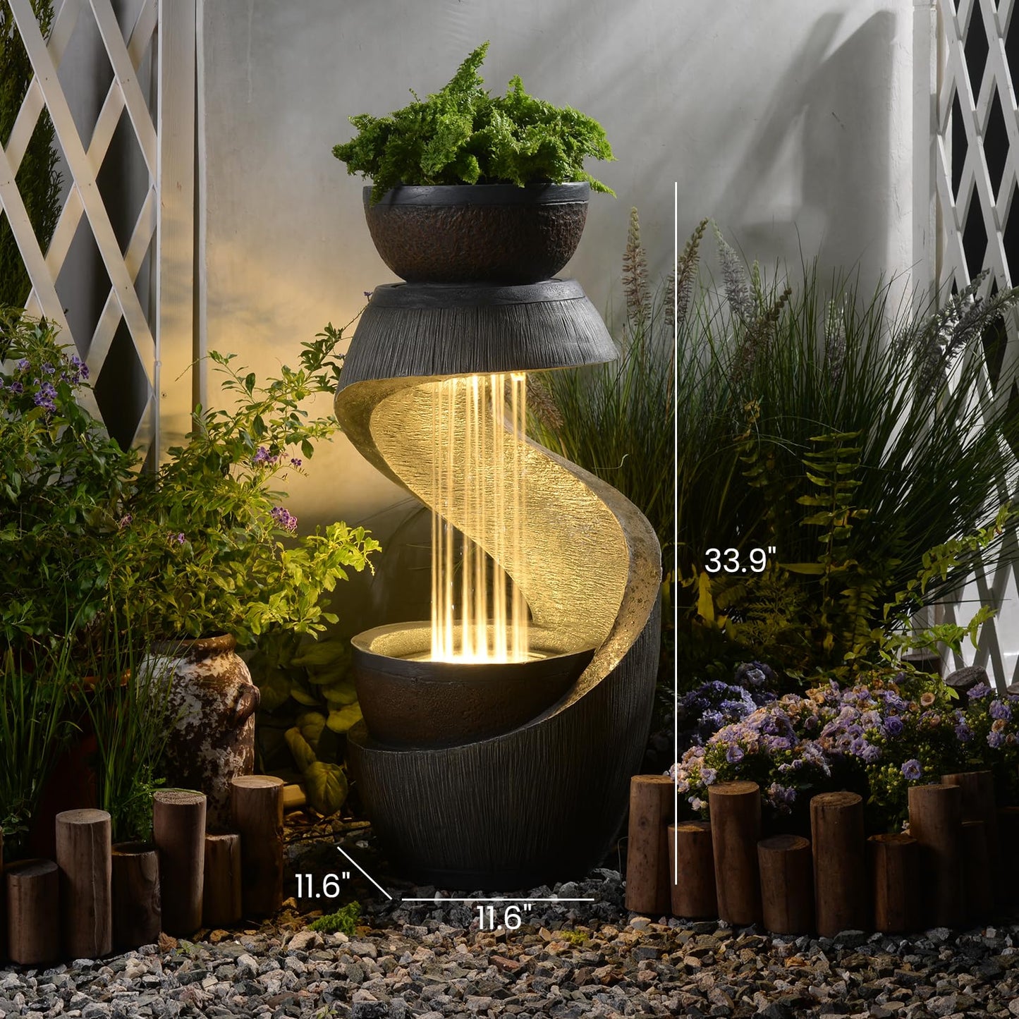 Takamota Outdoor Water Feature Patio Fountain with LED Lights, 31.9" Resin Garden Waterfall Fountain Outdoor, Modern S-Shaped Bowl Design Water Feature for Porch, Garden, Yard, Home Decor, Grey