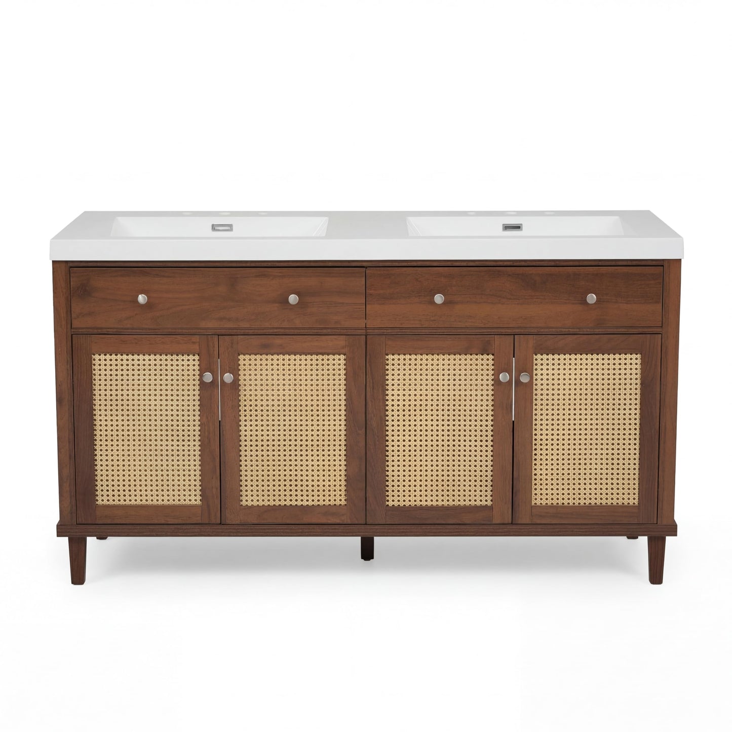 Merax 60 Inch Bathroom Vanity with Double Sink (SMC Sink), Large Storage Space with 2 Tip-Out Trays/Flip-Out Drawers and 4 Soft Closing Doors, Solid Wood Legs and Silver Metal Knobs, Brown