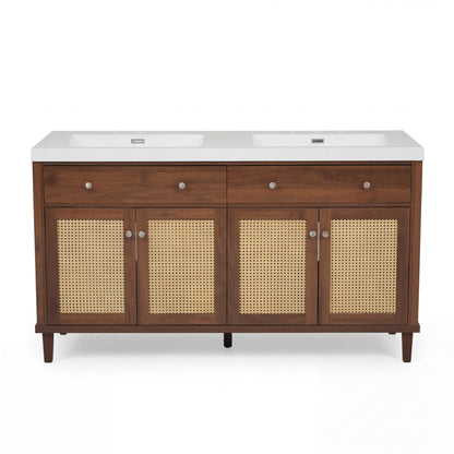 Merax 60 Inch Bathroom Vanity with Double Sink (SMC Sink), Large Storage Space with 2 Tip-Out Trays/Flip-Out Drawers and 4 Soft Closing Doors, Solid Wood Legs and Silver Metal Knobs, Brown