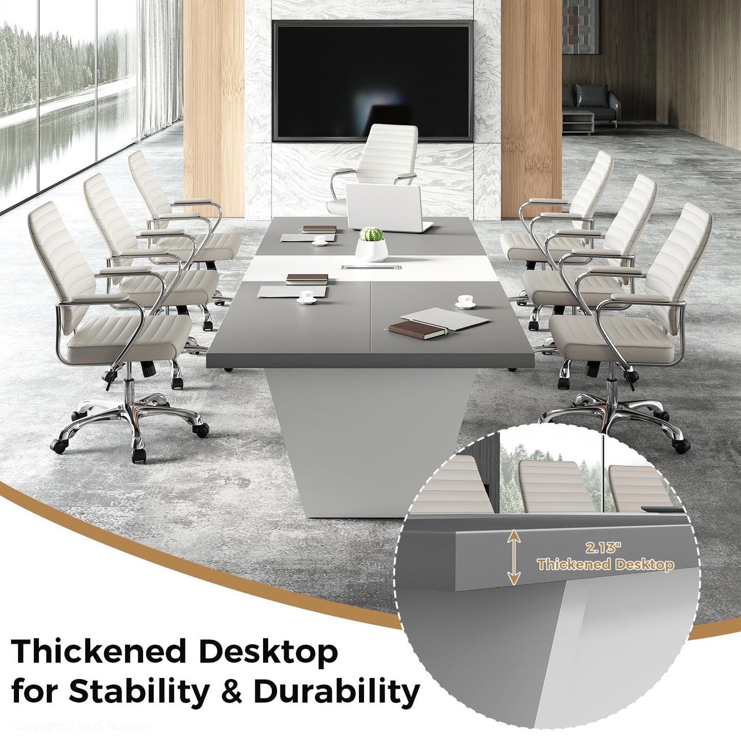 Nuipesn 10-ft Rectangular Conference Table, 119" Modern Boardroom Table for 10-12 People, 2" Thick Top with Center Cable Grommet, Two-Tone Dark Gray & White