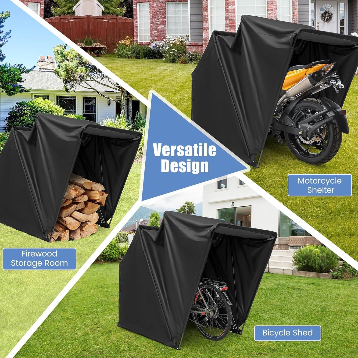 ERGOMASTER Motorcycle Shed, 136" x 54" x 75" Heavy Duty Waterproof Motorcycle Garage with 600D Oxford Fabric, Roll-up Mesh Windows Shed