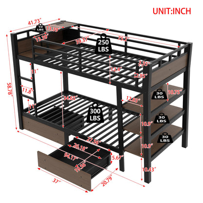 Bellemave Twin Size Bunk Bed with Storage Drawers and 3-Tier Shelves, Twin Bunk Bed with Charging Station and Lights, Heavy Duty Metal Bunk Beds for Teen, Adults
