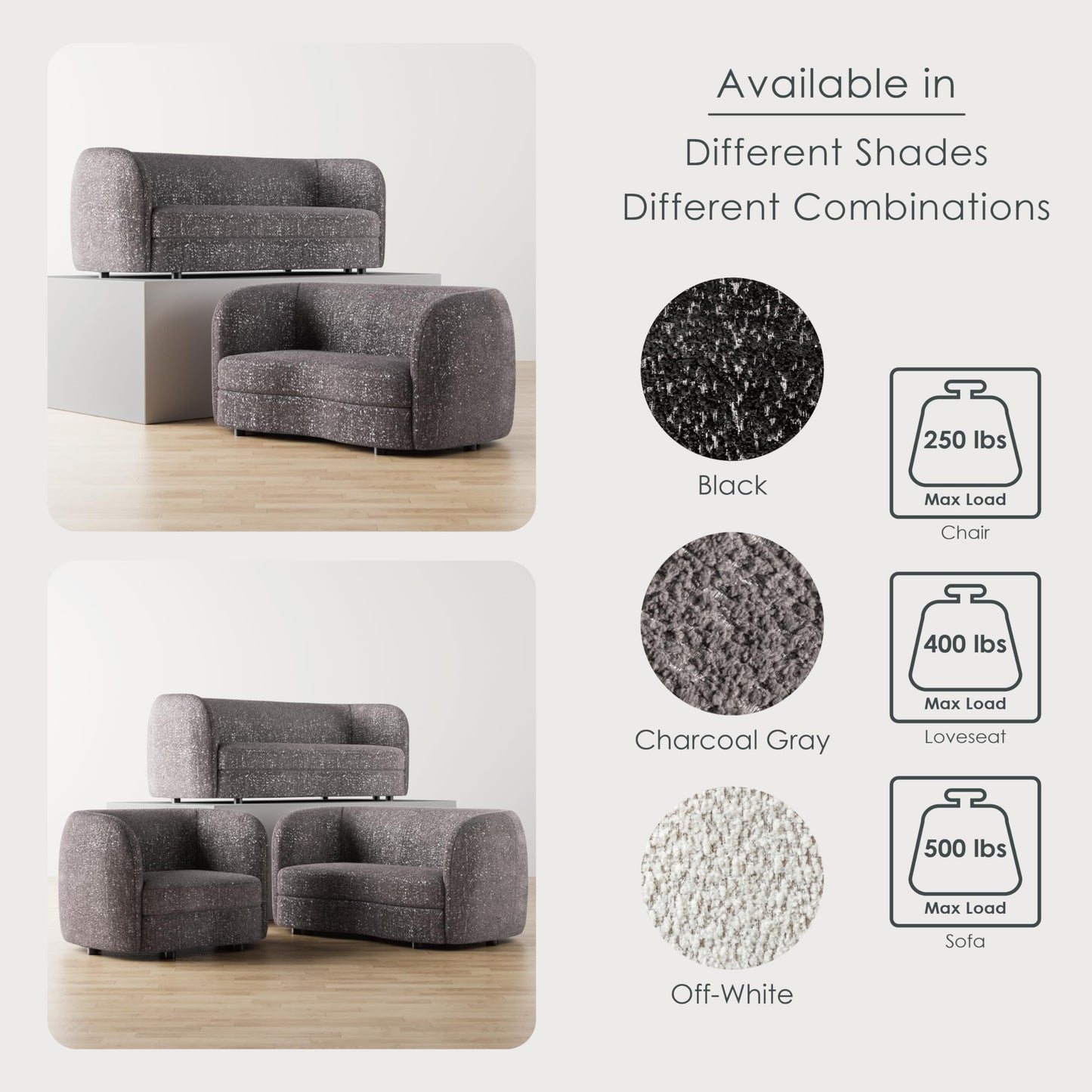 Furniture of America Nimiane Modern Boucle 3 Piece Sofa Set with Curved Arms and Wooden Legs, Accent Furniture Sets for Living Room, Home Office, Bedroom, Lounge, Charcoal Gray
