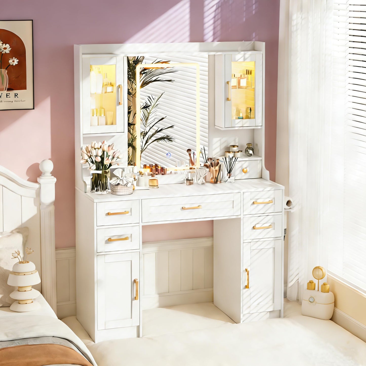 KAMABOKO Vanity Desk with Mirror and LED Lights & Power Outlet, Large Makeup Vanity Table with 5 Drawers and 4 Storage Cabinets, White Dressing Table for Bedroom