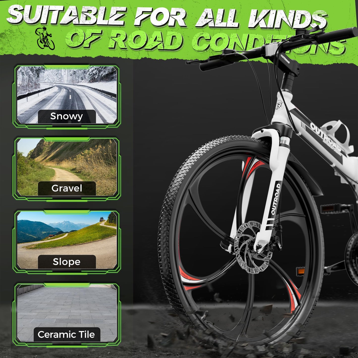 Outroad 26 Inch Folding Mountain Bike, 21 Speed Dual Disc Brake Non-Slip Folding Bikes, Full Suspension High-Carbon Steel MTB Foldable Bicycle for Adults/Women/Men, White
