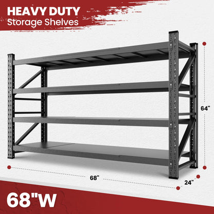 68" Wide Industrial Storage Shelves, 8000LBS Garage Shelving Heavy Duty, Standing Shelf Units, 4 Tier Metal Adjustable Storage Shelving Rack for Shop Warehouse Basement, 68'' W x 24''D x 63.5'' H