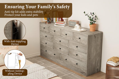 Hetoy 12 Drawer Wooden Dressers with Charging Station – Gray Wood Chest of Drawers for Bedroom, Closet, Living Room, 61" Wide TV Stand Dresser, Modern Storage Organizer for Nursery, Hallway