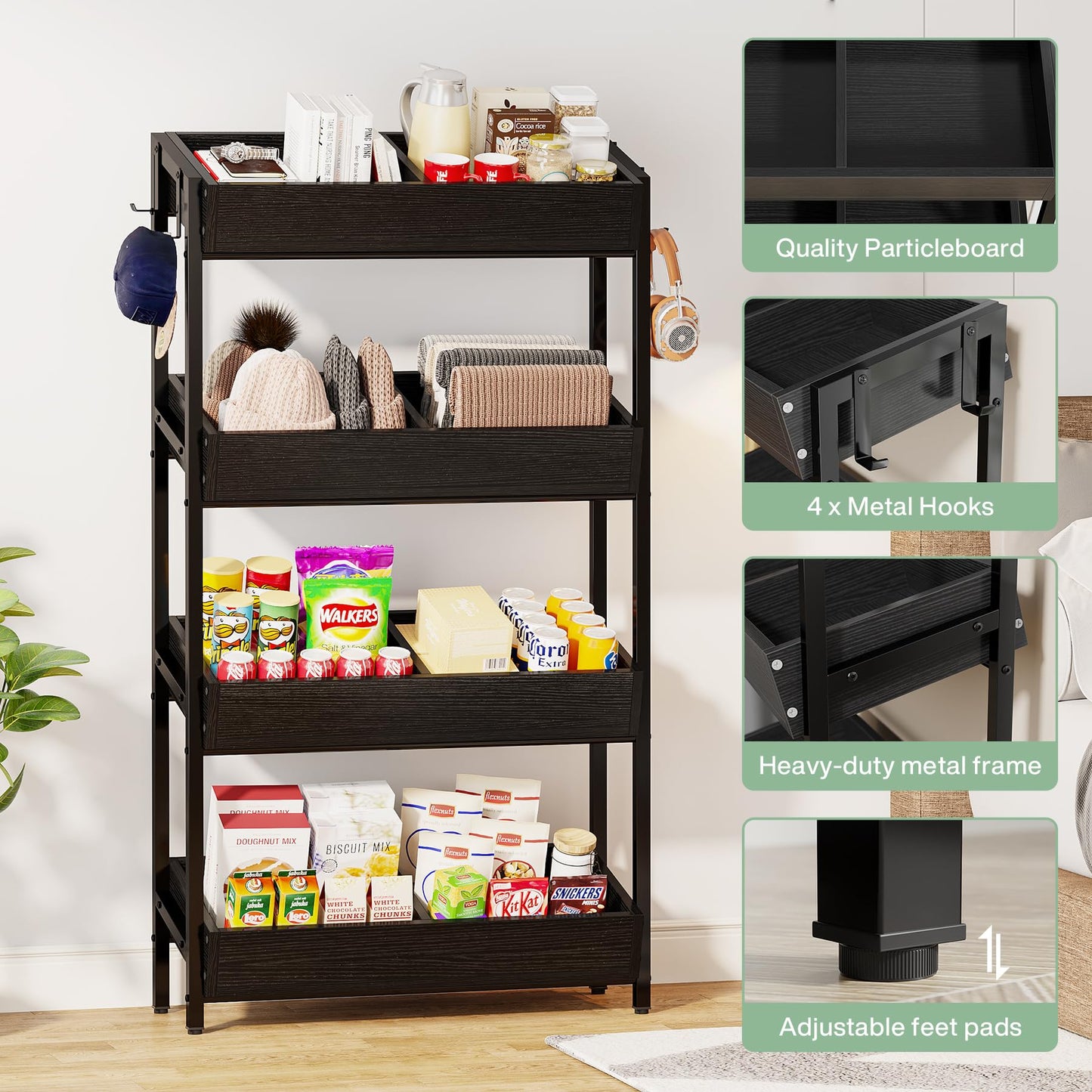 Tribesigns Wood Fruit and Vegetable Basket Stand Rack for Kitchen, Office, Store, Supremarket, Pantry Shelf Unit for Snacks, 4-Tier Wooden Utility Storage Shelves Set of 2 (Black)