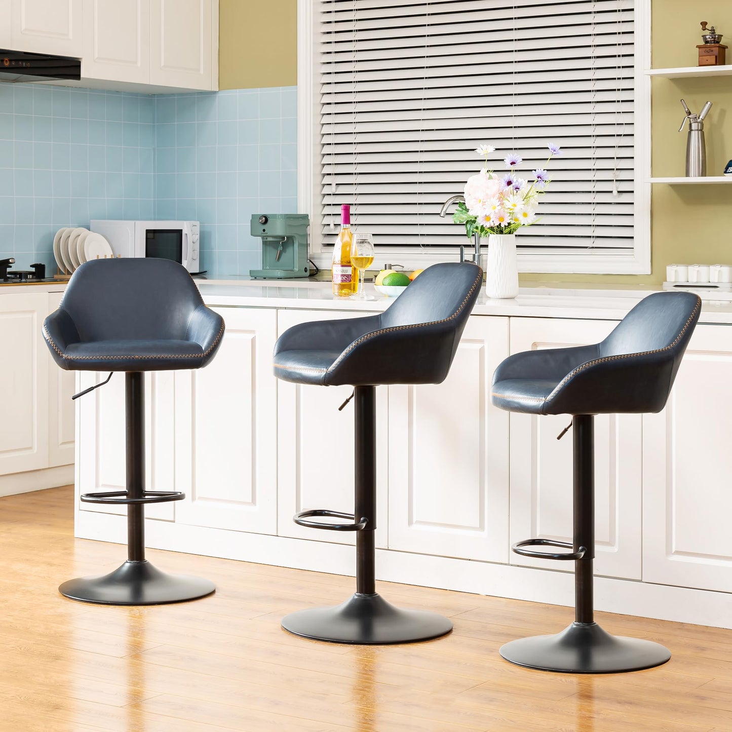 Glitzhome Bar Stools Set of 3, Adjustable Counter Height Bar Chairs with Back Support and Footrest, PU Leather Upholstered Swivel Bar Stools for Kitchen Island Dining Room Pub Home Bar, Navy Blue