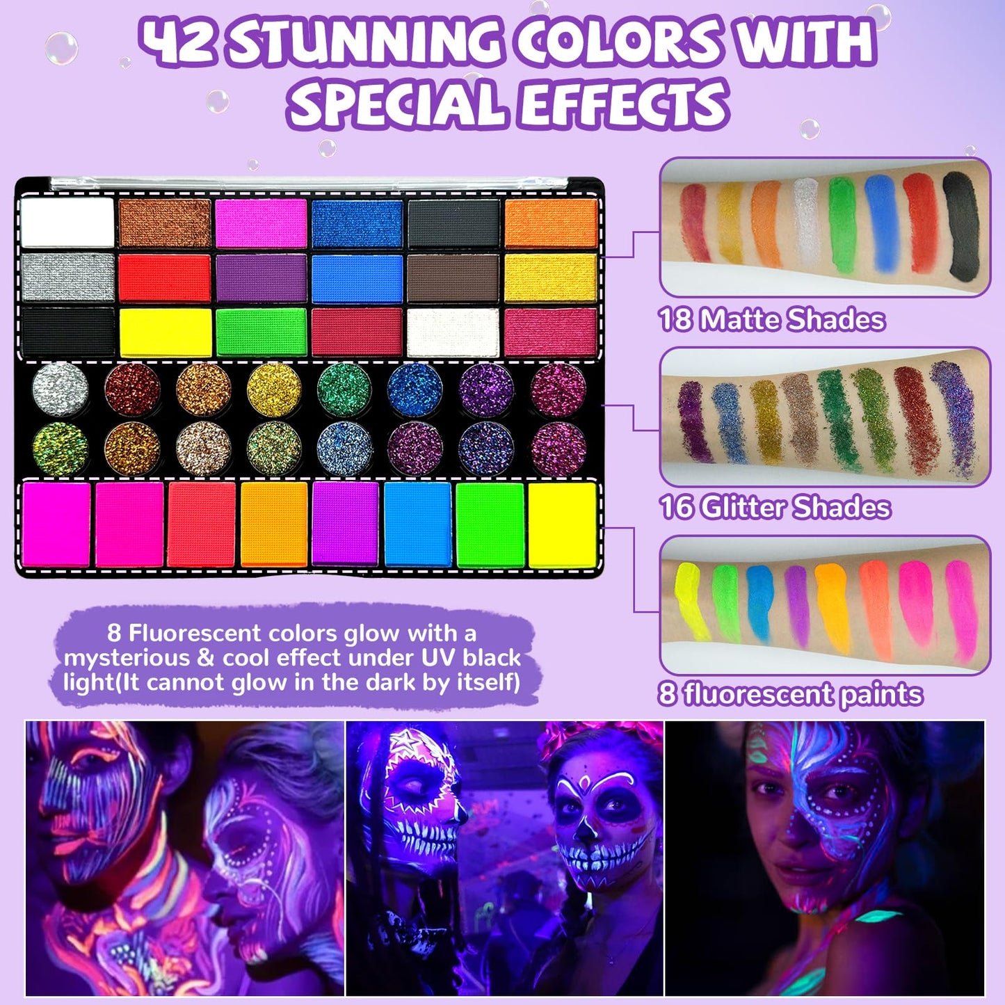 Face Painting Kit – 42 Colors Water Activated Face Paint Set, Easy Apply & Remove, Skin-Safe & Non-Toxic, Professional Kit with Brushes, Stencils & Gems for Halloween, Party, Festival & Cosplay