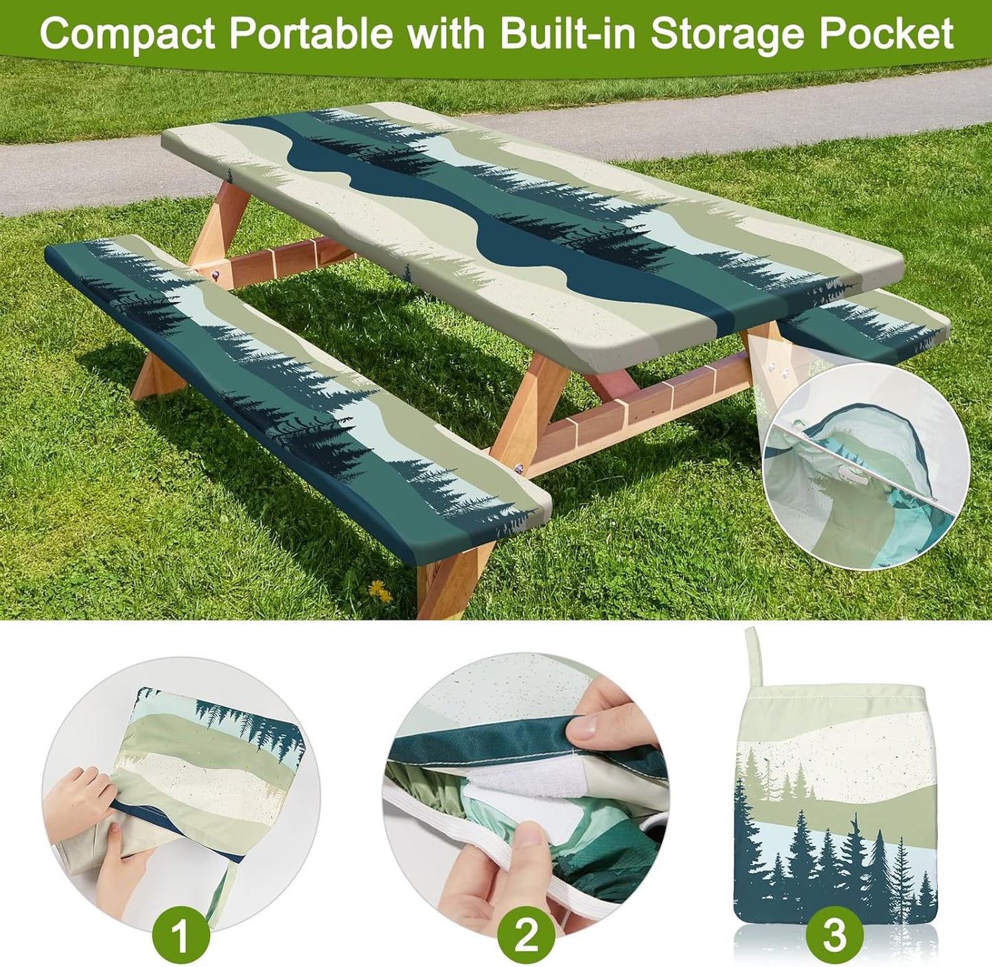 HobbLab Rv,72in,Green Picnic Table Cover with Bench Covers Portable Table Cloth Built-in Storage Pocket Fitted