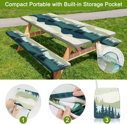 HobbLab Rv,72in,Green Picnic Table Cover with Bench Covers Portable Table Cloth Built-in Storage Pocket Fitted