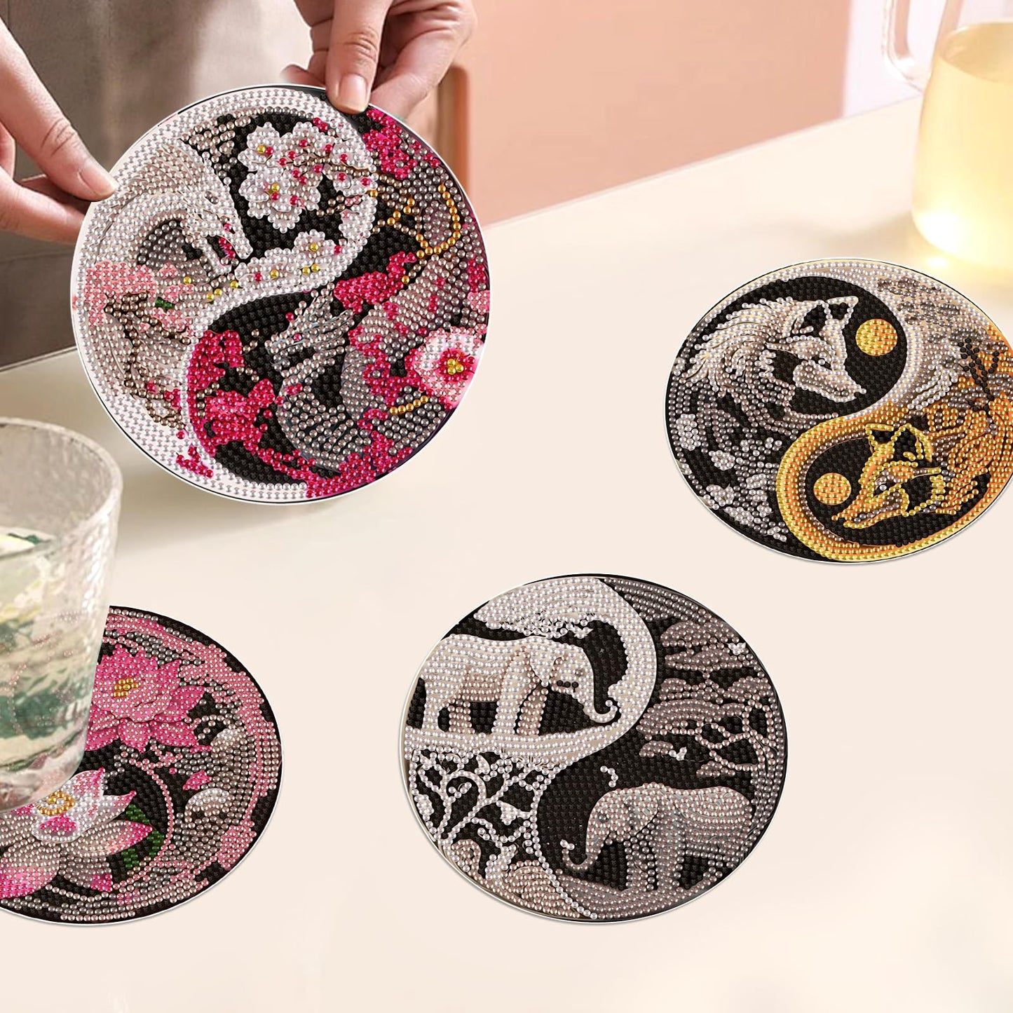 DIY Diamond Painting Placemats, Round Yin Yang Table Mats, 5.9 Inch, 4 Pack, Home Decor Craft Kit with Pen, Tray, and Clay Glue