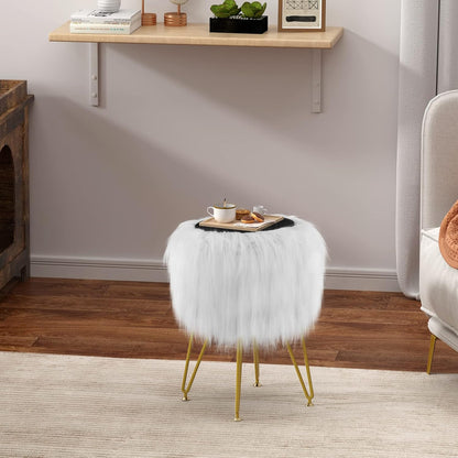 4 Vanity Stool Chair with Storage, Faux Fur Makeup Room Seat Stool, Soft Padded Seat, Round Footrest Footstools