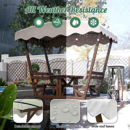 BIFULDYO Outdoor Picnic Table with Benches and Removable Canopy, 6 Person Waterproof Solid Wood Table and Chairs Set for Patios, Gardens, Decks, Parks, Beaches
