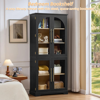 Joaxswe 72" Tall Bookshelf Set of 2, Farmhouse Bookcase with 3-Tier Adjustable Shelves, Modern Living Room Display Cabinet with Glass Doors, Large Storage Cabinet for Home Office,Dining Room, Black