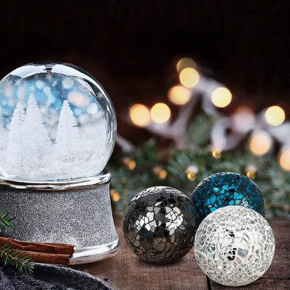Cunhill 3 Pieces Decorative Glass Balls 3 Inch Mosaic Glass Orbs Sphere Centerpiece Balls Decorative for Bowls Vases Dining Tables Wedding Party (Silver,Turquoise,Black)