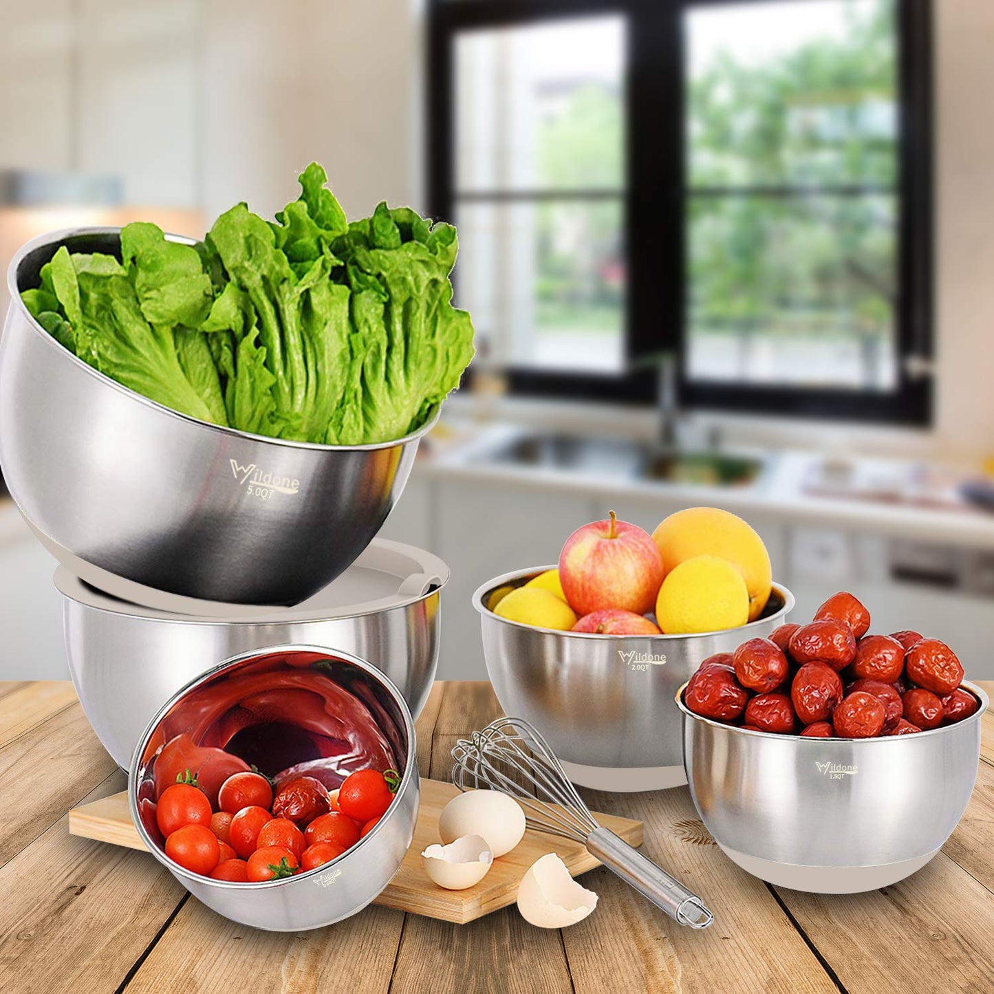 Wildone Mixing Bowls with Airtight Lids Set, 5PCS Stainless Steel Khaki Nesting Bowls for Kitchen, with Grater Attachments & Non-Slip Bottoms, Size 5, 3, 2, 1.5, 0.63 QT, Great for Mixing & Serving
