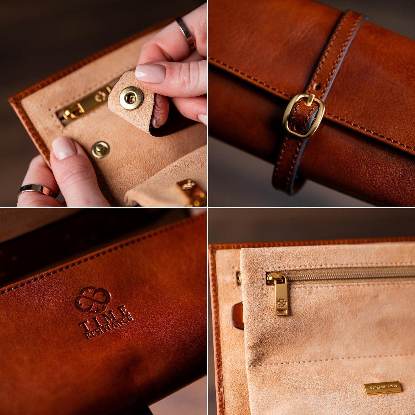Time Resistance Leather Jewelry Roll - Full Grain Leather Travel Jewelry Case - Jewellery Organizer Made in Italy (Cognac Brown)