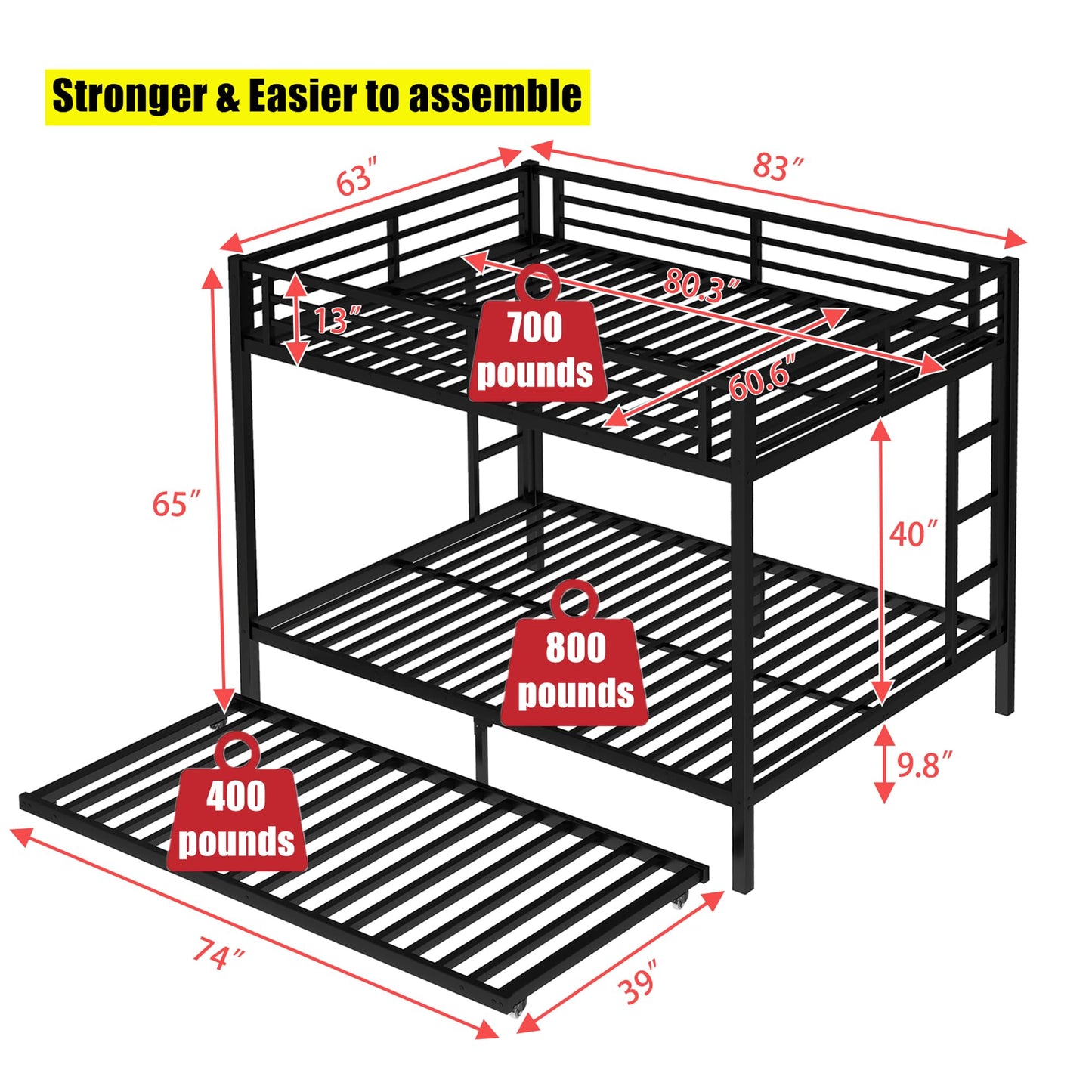 LEEKAF Stronger & Safer Heavy Duty Metal Queen Over Queen Size Bunk Bed for Adults Teens, Thickened More Stable Steel Bunkbed (Greater Weight Capacity) (Queen Over Queen with Trundle)